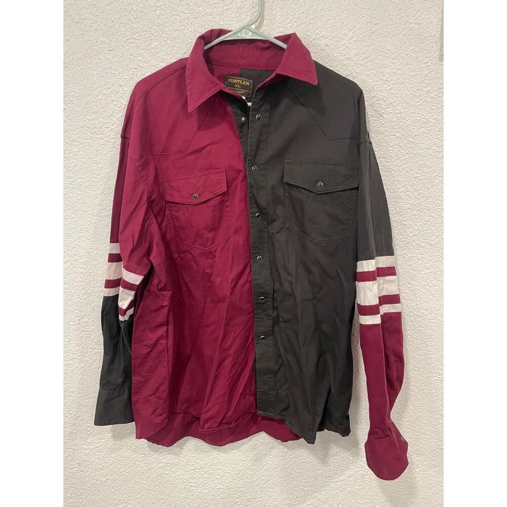 Vintage 90s Rustler by Wrangler Mens XL Maroon Colorblock Pearl Snap Western